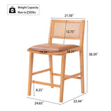 Set 2 Counter Stools Rubberwood Bar Stool with Leather Padded Seat, Rattan Back&Footrest for Breakfast Nook Kitchen Island, Brown,Natural