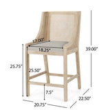 Set of 4 Counter Stools French Country Bar Stool with Padded Seat, Rattan Back&Footrest for Breakfast Nook Kitchen Island,Washed Light Oak