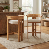 Set of 2 Padded Bar Stools Rubber Wood Counter Stools with Ergonomic Curved Back for Breakfast Nook Kitchen Island, Beige, Natural