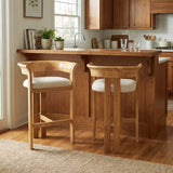 Set of 2 Padded Bar Stools Rubber Wood Counter Stools with Ergonomic Curved Back for Breakfast Nook Kitchen Island, Beige, Natural