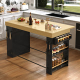 59.06" Rectangle Bar Table with Drop Leaf, Kitchen Table with Metal Footrest, Adjustable Shelf, Open Side Racks, Hooks & Drawer