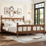 Solid Bamboo Platform Bed Frame, Queen Size Wooden Bed with Spindle Cutout Headboard, Brown