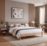 King Size Solid Rubber Wood Platform Bed Frame with Channel-Tufted Upholstered Headboard & Rounded Legs