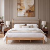 King Size Solid Rubber Wood Platform Bed Frame with Channel-Tufted Upholstered Headboard & Rounded Legs