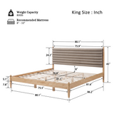 King Size Solid Rubber Wood Platform Bed Frame with Channel-Tufted Upholstered Headboard & Rounded Legs