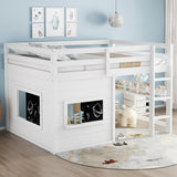 Full Size Loft Bed House Kids Loft Bed Frame with Double-Sided Sliding Chalkboard, Bookshelf & Safety Guardrails, White