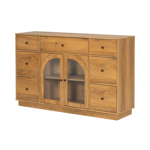 2-Door Sideboard Storage Cabinet with 7 Drawers for Living and Dining Room Entrance, Large Size Cabinet, Natural
