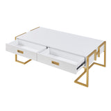 Modern White Rectangular Coffee Table with 4 Drawers and Gold Base in 47.3"
