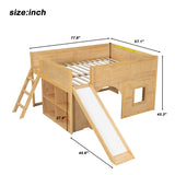 Full Size Low Loft Bed with Slide & Storage Shelves, Wooden Playhouse Design Bed Frame
