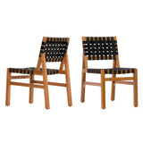 Set of 2 Outdoor Dining Chairs, Acacia Wood Patio Side Chairs with Breathable Woven Rope for Indoor & Outdoor Use