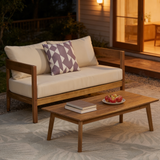 2pcs Acacia Wood Loveseat & Coffee Table Set, Outdoor Patio Conversation Furniture Set with Cushions, Beige+Teak