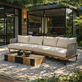 Outdoor Sofa Patio Sectional Sofa Set with Water Resistant Cushion, Teak+ Beige