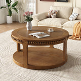 31.5 Inch Round Solid Wood Coffee Table & Sofa Table - Two-Tier Thickened Top, Sturdy Legs, Circle Table for Living Room