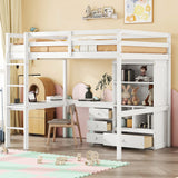 Full Size Loft Wood Bed with Desk, Storage shelves and Drawers, Built-in Ladder, High Loft Bed with Desk, Storage Shelves and Drawers,Guardrails