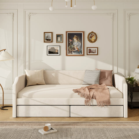 Twin Size Velvet Upholstered Daybed, 2-in-1 Sofa Bed with 2 Drawers for Bedroom, Living Room, Apartment