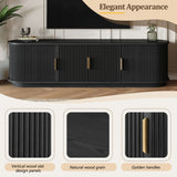 Farmhouse Wooden TV Stand with Sliding Tambour Door for TVs up to 75", Fluted Media Console with Adjustable Storage, Golden Handle TV Cabinet with Cable holes for Living Room