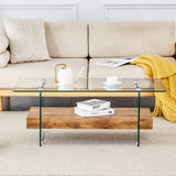 Rectangular floating coffee table, wooden color glass legs, 43.3" wide x 23.6" long x 16.7" high