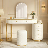 Luxury Makeup Vanity Desk with 3-Color LED Mirror & Stool, Adjustable Length Vanity Table with Movable Side Cabinet, 6 Drawers Storage, Marble-Look Sticker Top, PU Leather Drawers, Gold Stainless Steel