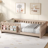 Wood Twin Size Platform Bed with Guardrail and Storage Shelves, Natural