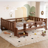 Full Size Floor Bed with Storage Bookcases, Solid Wood Kids Floor Bed with Cute Stairs and Guardrails, No Box Spring Needed, Natural