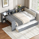 Wood Full Size Platform Bed with Storage Shelves, Trundle, Charging Station and Upholstered Headboard