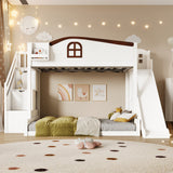 Twin over Full Bunk Bed with Storage Staircase, Shelf, Slide and Wardrobe, White+Espresso