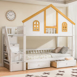 Twin Size Wooden House Roof Bunk Bed with Window Door and Roof,Storage Drawers and Staircase,White+Natural
