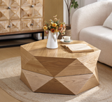 36.61'' Retro Style Polygon Flip Top Coffee Table, with Flip Top for Convenient Access, Hidden Storage, Solid Wood Veneered Drum Coffee Table with Storage for Living Room, Bedroom and Office