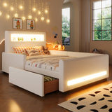 Twin Size upholstered platform bed with drawer, LED light strip, USB port, White