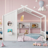 Floor House Bed for Toddler, Kids Montessori Bed with Storage Shelf, Playhouse Bed with Roof Design