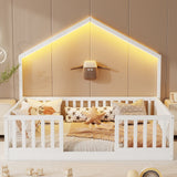 Full Floor Bed with High Rails, Wooden Montessori Bed with Light for Kids, Boys and Girls