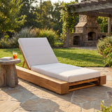 Outdoor Teak Acacia Wood Chaise Lounge with Beige Water-Resistant Cushion - Adjustable Backrest Patio Recliner for Poolside, Deck & Backyard