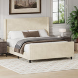 High Headboard Corduroy Upholstered Bed Frame with Vertical Stripe Wingback and High Footboard No Box Spring Needed