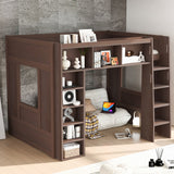 Queen Size Wooden Loft Bed with Storage Cabinets and Shelves