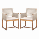 7 Pieces Acacia Wood Outdoor Dining Set with Cushions,Modern 6 Chairs with handwoven cord and 1 Large Table, Dining Furniture Set for Lawn, Backyard, Garden Deck,Poolside,Teak Finish+Light Brown Rope