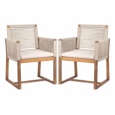 7 Pieces Acacia Wood Outdoor Dining Set with Cushions,Modern 6 Chairs with handwoven cord and 1 Large Table, Dining Furniture Set for Lawn, Backyard, Garden Deck,Poolside,Teak Finish+Light Brown Rope