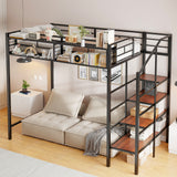 Twin Size Metal Loft Bed with Upper Grid Storage Shelf and Lateral Storage Ladder