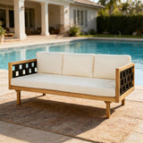 Three-Seater Outdoor Daybed with Beige Cushions & Black Flat Rope, Acacia Wood Frame Teak Finish, 67.5'' L x 32'' W x 24.24'' H Patio Garden Deck Lounge Sofa for Outdoor