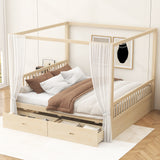 Wooden Canopy Bed with Storage Drawers, Queen size, Natual