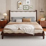 Queen Size Wood Platform Bed with Upholstered Headboard, Espresso Frame+Beige Fabric
