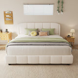 Queen Size Platform Bed with Boucle Fabric, Soft Boucle Fabric Upholstered Platform bed with Curve-Shaped Design Headboard, Beige, Easy Assembly
