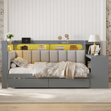 Full Size Daybed with Storage Shelves,Drawers,Charging Station,LED Light,Desk and Upholstered Headboard and Backrest