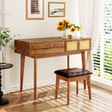 Classic Wood Makeup Vanity Set with Flip-top Mirror and Stool, Dressing Table with Three Drawers and storage space