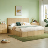King Size Lift Up Storage Bed Frame, Wooden corrugated curved lines, Hydraulic Storage/No Box Spring Needed, Oak