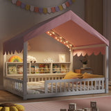 Full Size Wooden Floor Bed,House-Shaped Daybed with Fense,3 Storage Bookshelves,Curtain and LED Light