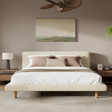 Beige Chunky Headboard Bed Frame, Solid Rubberwood Legs