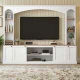 Elegant Arched Entertainment Center Wall Unit with Bookshelf, Farmhouse TV Stand with Wood Grain for TVs Up to 70", 91inch Media Console with Adjustable Shelves for Living Room