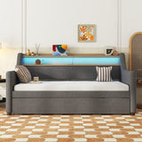 Twin Size Daybed with Trundle Bed, Upholstered Daybed with Charging Station and LED Lights