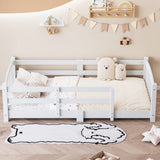Twin Montessori Floor Bed with Slats and Safety Guardrails, Solid Wood Floor Bed with Fence and Without Door, Easy Assemble Montessori Bed for Girls and Boys, White