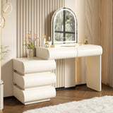 Luxury 2-in-1 Vanity Table with Leather Finish, 3-Color LED Lighted Mirror, Modern Makeup Vanity Desk with Nightstand Design, Dressing Table with 5 Storage Drawers, Beige